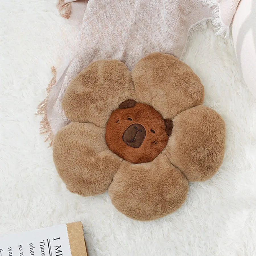 Floral-shaped kawaii plush toy with a bear face on a soft white background