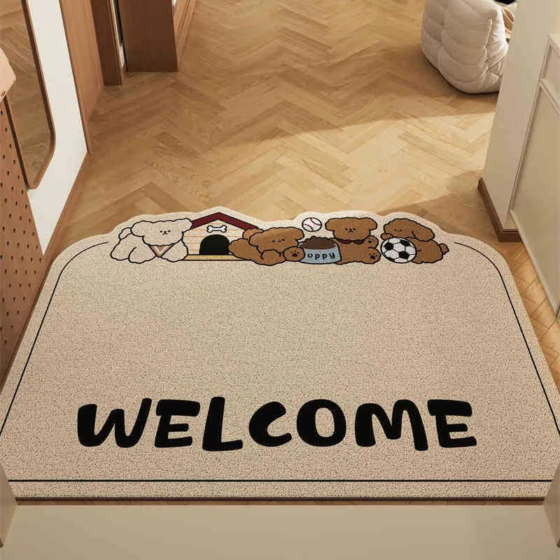 Beige doormat with Kawaii cartoon bears and the word 'WELCOME' on a wooden floor.