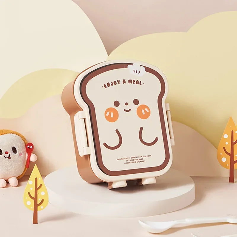Kawaii-style sandwich-shaped lunch box with a smiling face on a soft, pastel background.