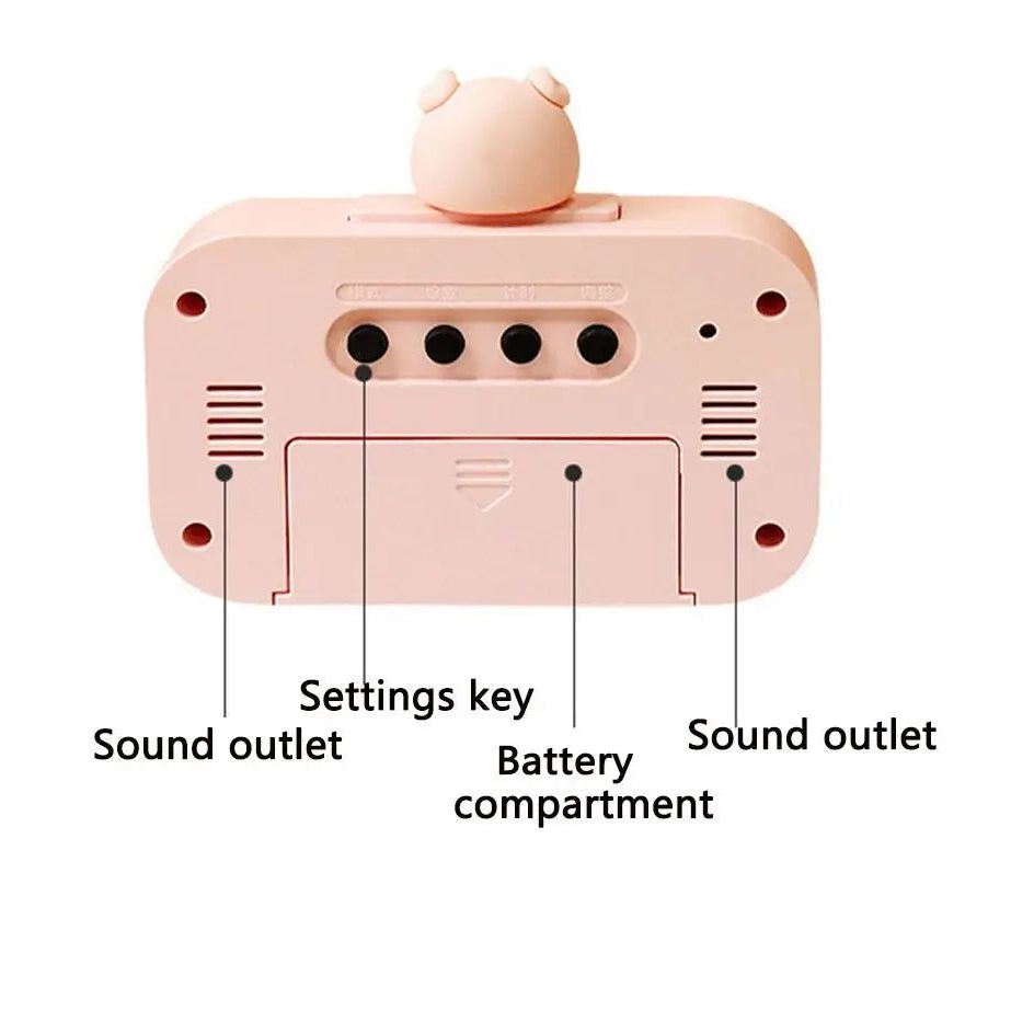 Back view of a pink kawaii pig electronic device with labeled components on a white background