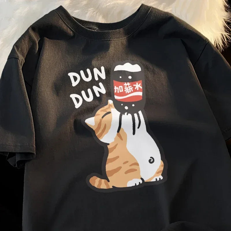 Black sweatshirt with kawaii cartoon dogs and 'DUN DUN' text on a fluffy white background