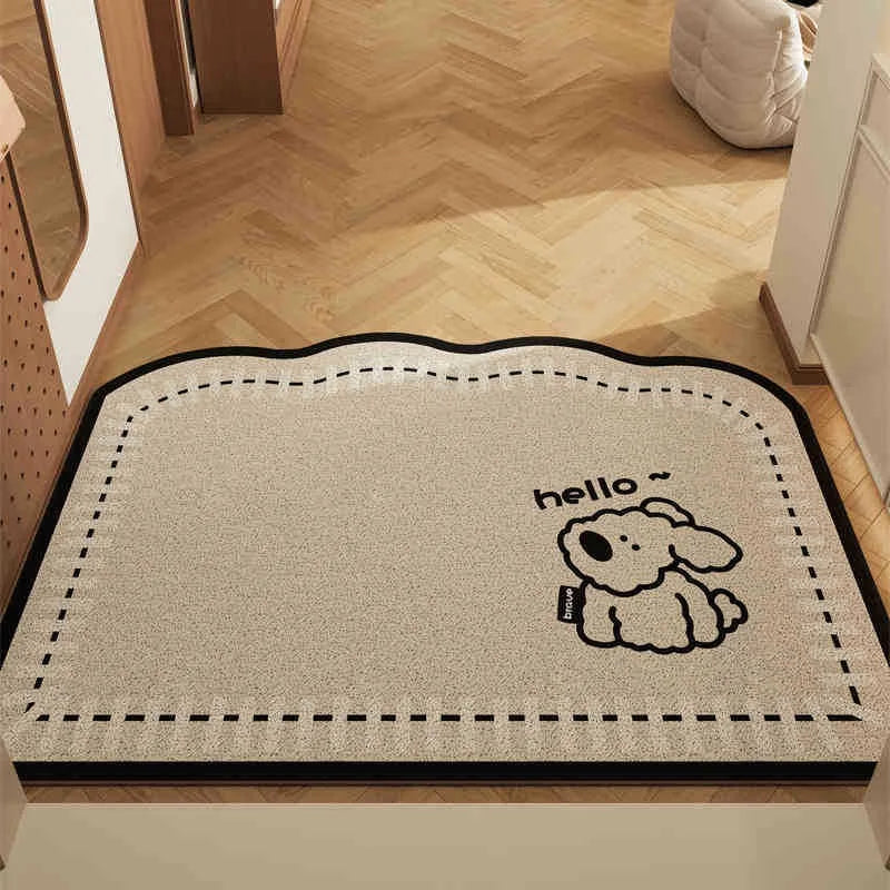 Beige doormat with a Kawaii dog illustration and 'hello' text on a wooden floor.