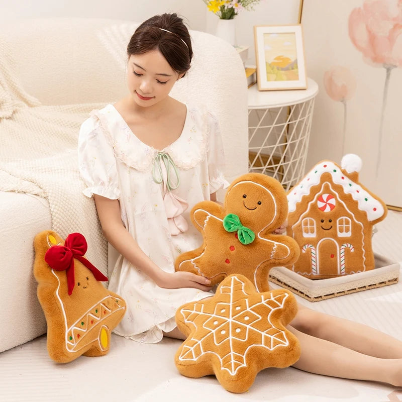 Woman holding gingerbread-themed kawaii plush toys in a cozy living room setting