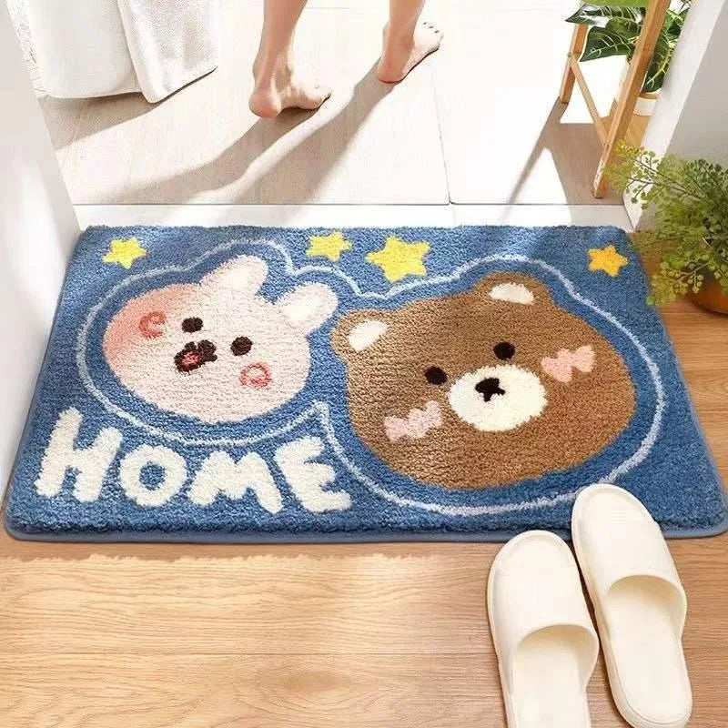 Cute Kawaii cartoon rug with two characters and 'HOME' text on a wooden floor.
