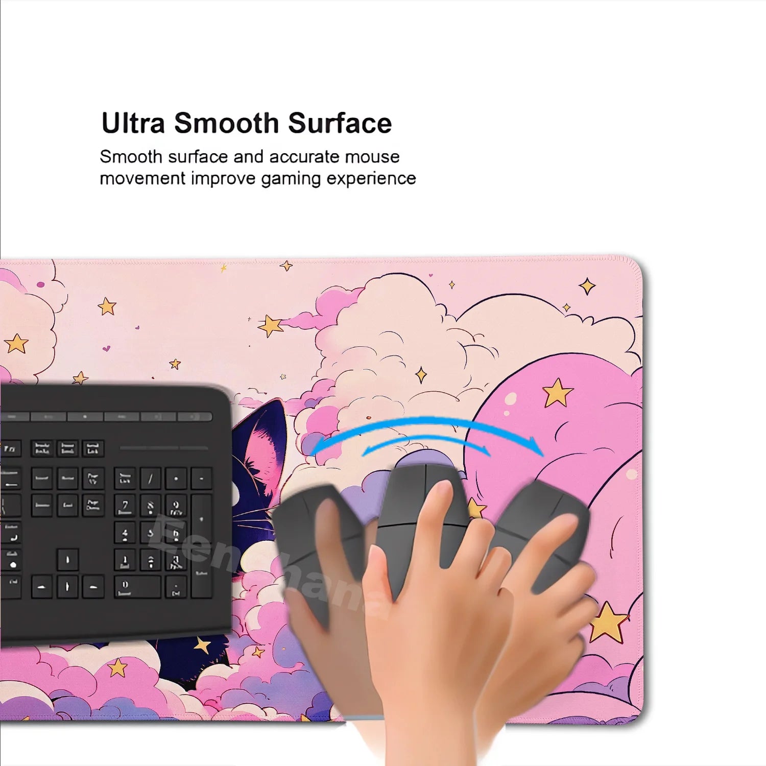 Gaming mouse pad with keyboard and mouse on a Kawaii pink cloud-themed surface
