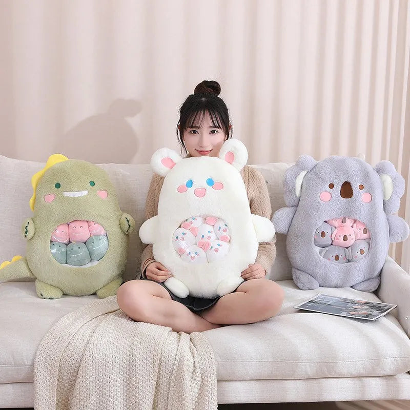 Person sitting on a couch holding a kawaii plush toy, with two other plush toys on either side.