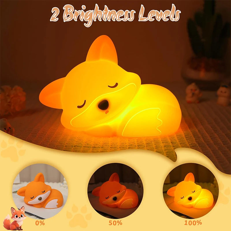Fox-shaped kawaii night light with two brightness levels indicator on a wooden surface.