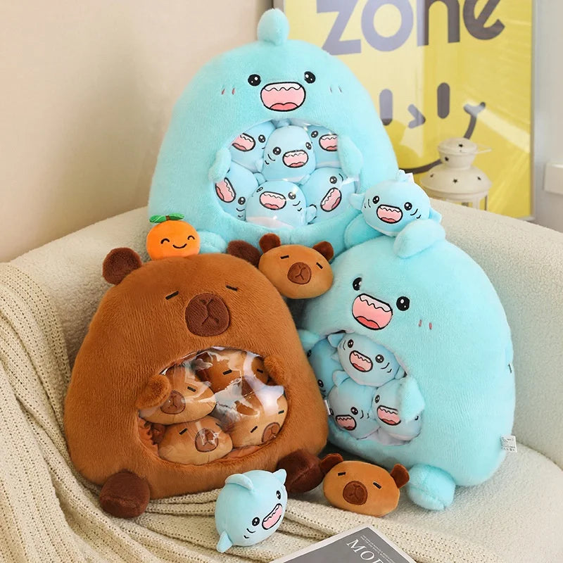 Stack of kawaii plush toys including a blue bear and brown bear on a beige surface.