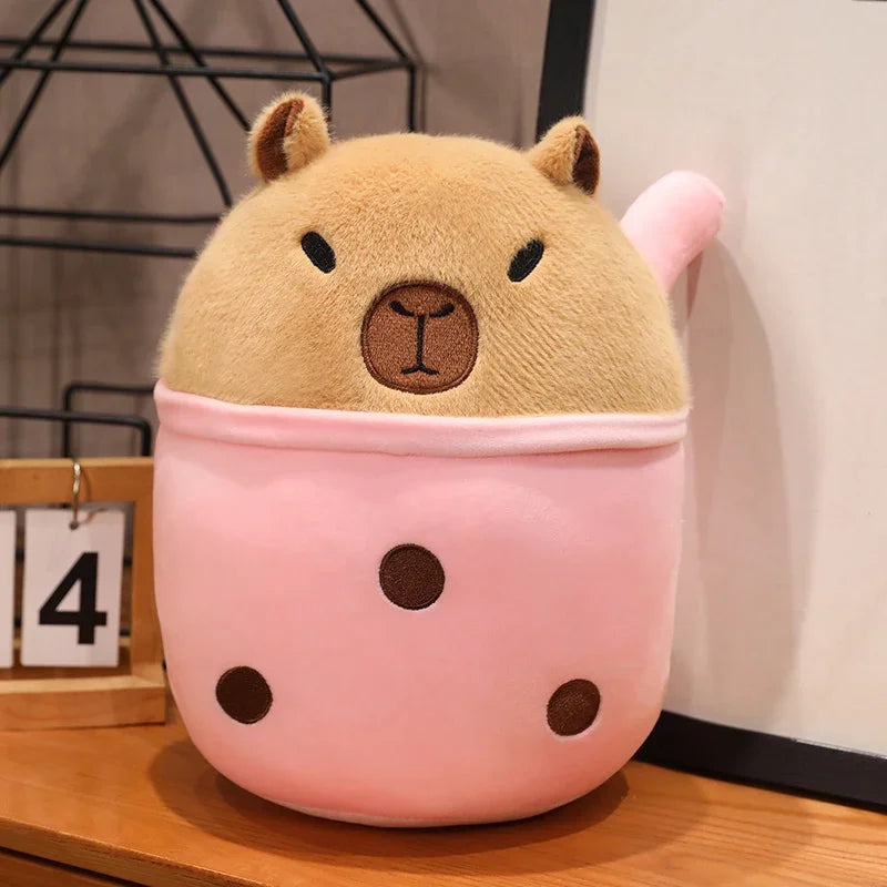 Kawaii plush toy with a bear design on a pink background