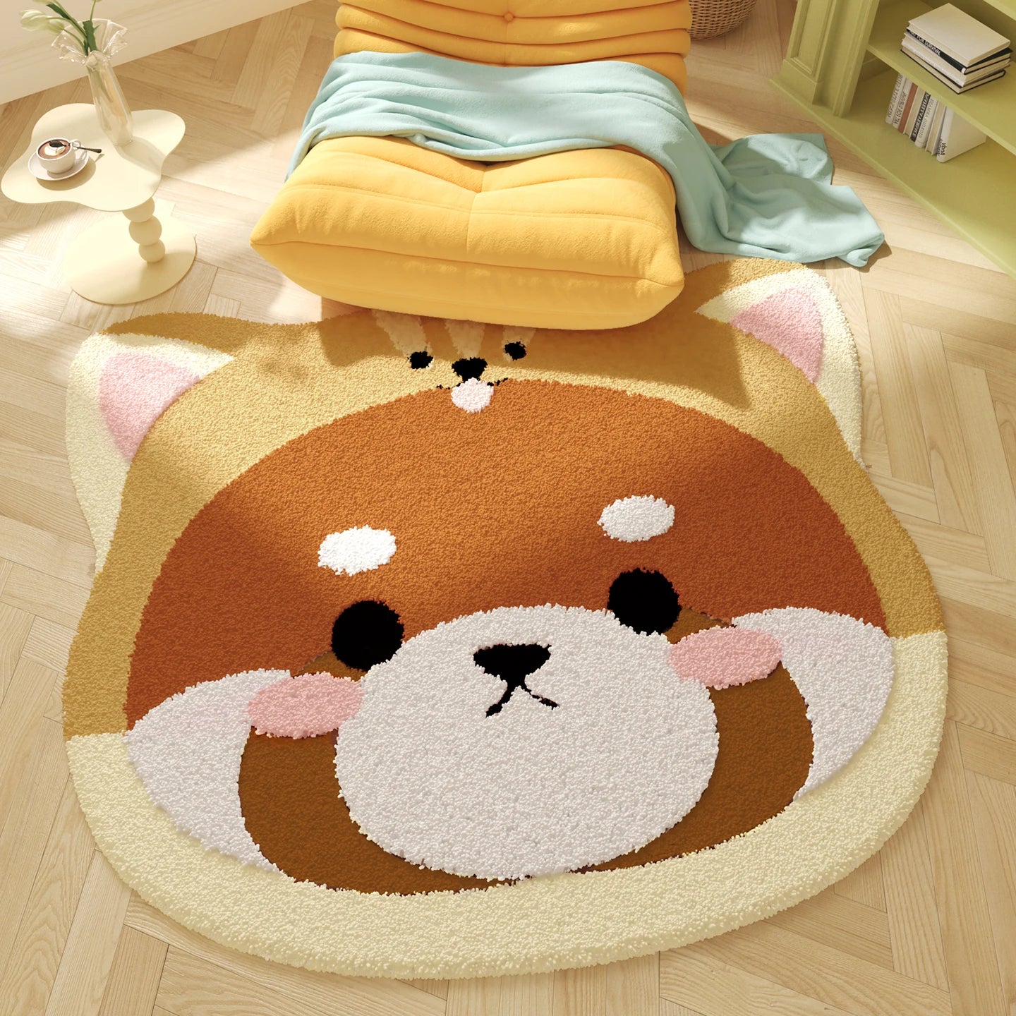 Round kawaii rug with a bear face design on a wooden floor