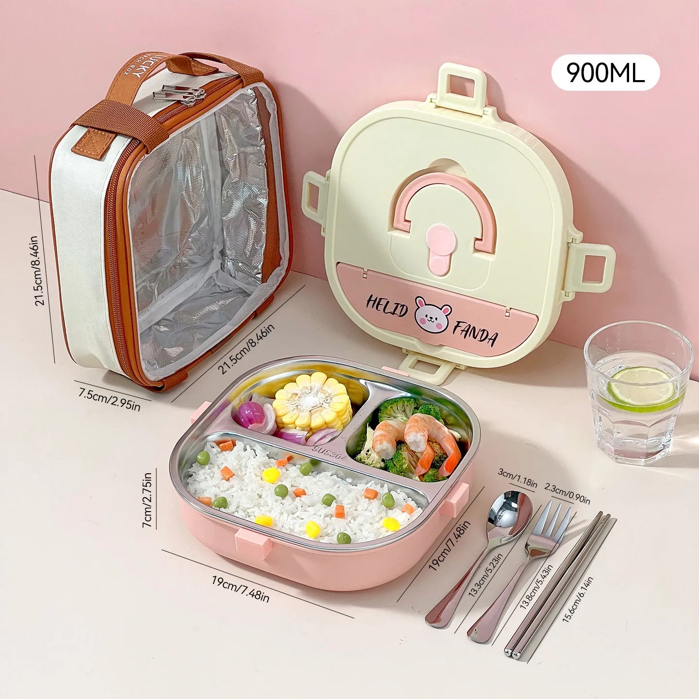Pink kawaii lunch box with compartments, utensils, and a glass of water on a pink background