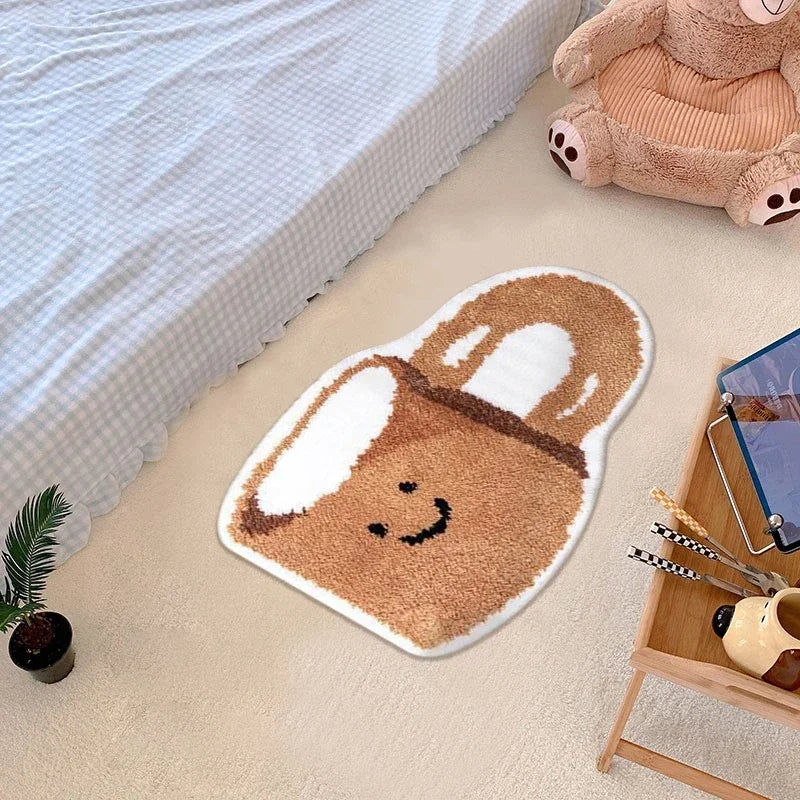 Cute Kawaii cartoon-style rug with a bunny design on a beige floor.