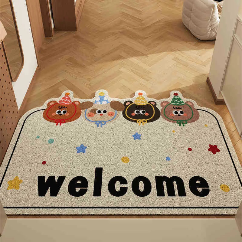 Decorative doormat with Kawaii cartoon characters and 'welcome' text on a wooden floor.