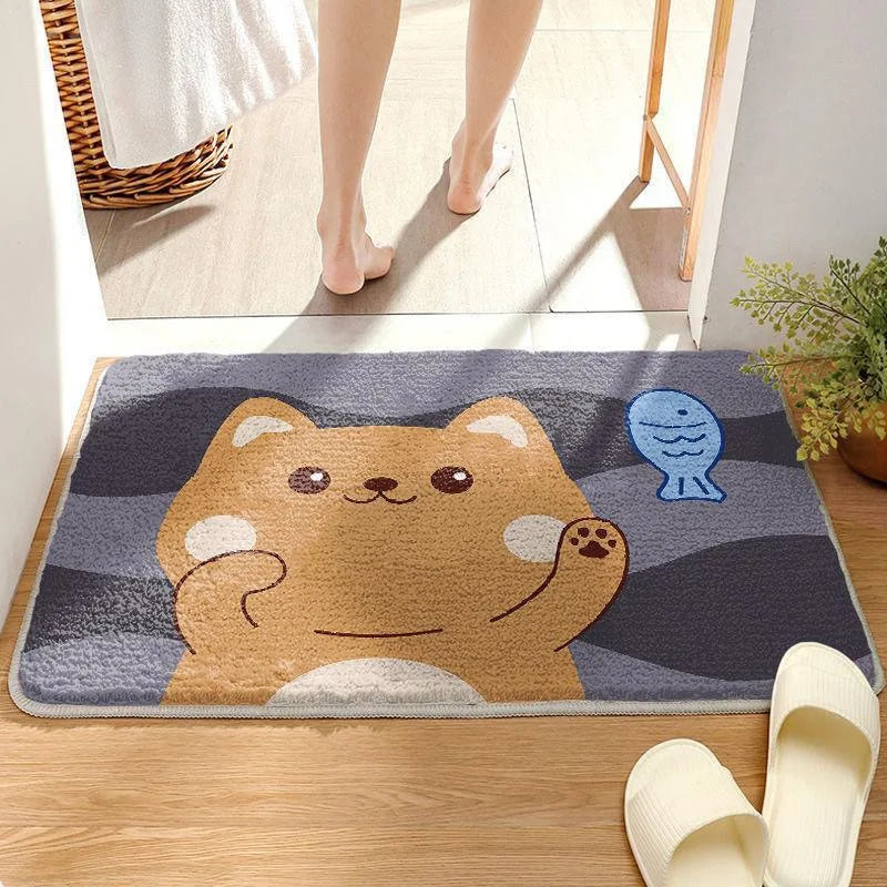 Doormat with a Kawaii bear design on a wooden floor, with a person walking on it.