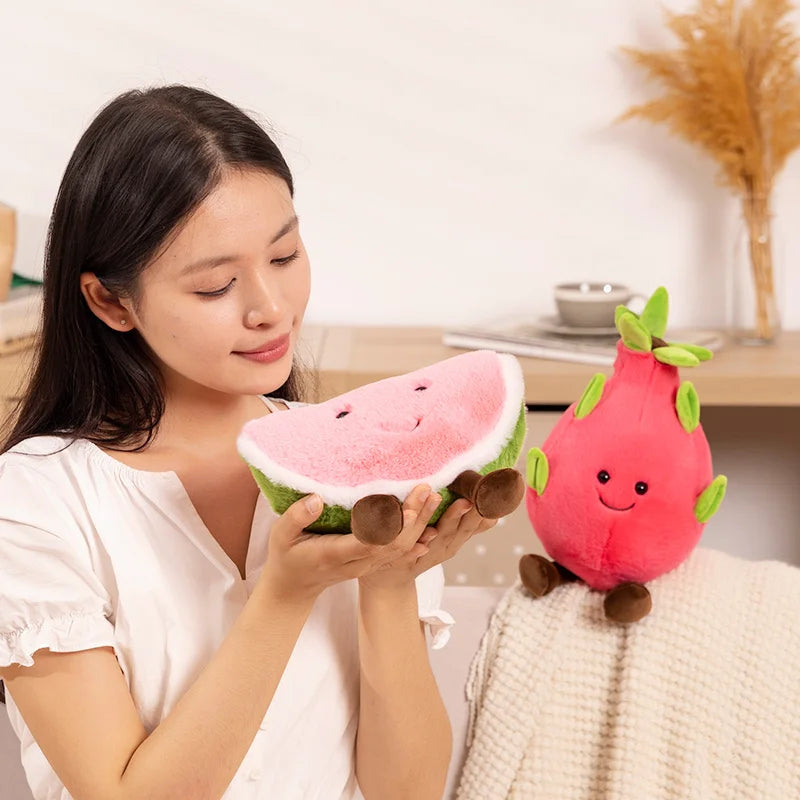 Woman holding a kawaii plush watermelon toy with another plush toy in the background