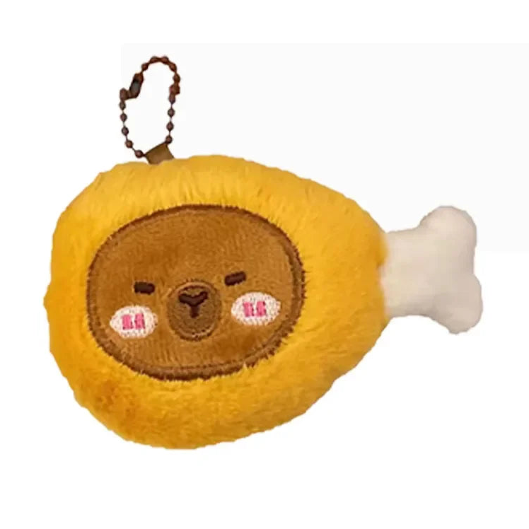 Plush kawaii toy shaped like a chicken drumstick with a face on a white background