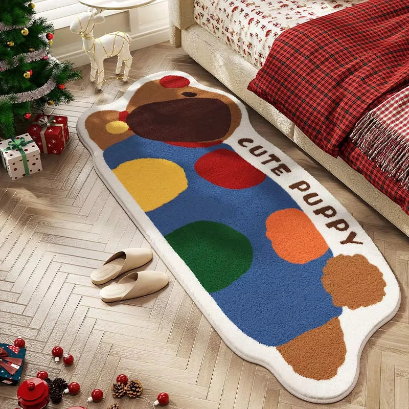 Colorful 'Cute Puppy' kawaii rug on a wooden floor with Christmas decorations.