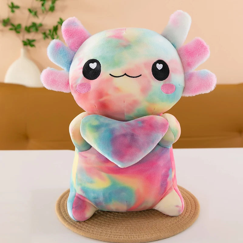 Colorful axolotl kawaii plush toy on a white surface with a blurred background