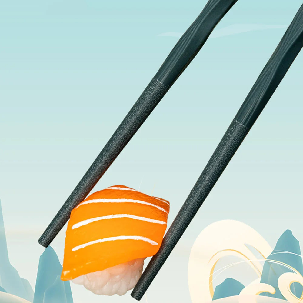 Sushi roll with salmon and ginger on a light blue background with kawaii chopsticks.