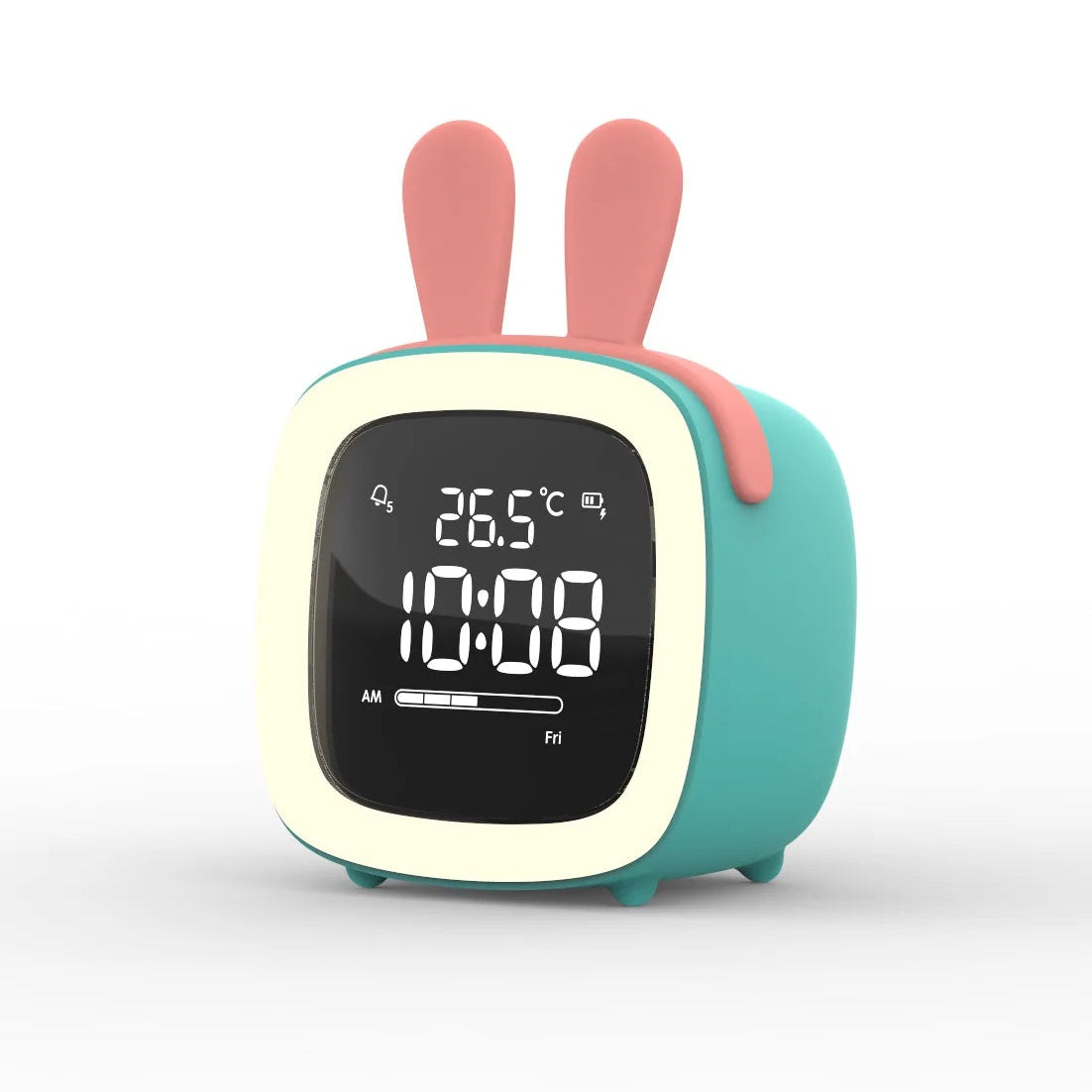 Cute kawaii digital clock with rabbit ears on a white background