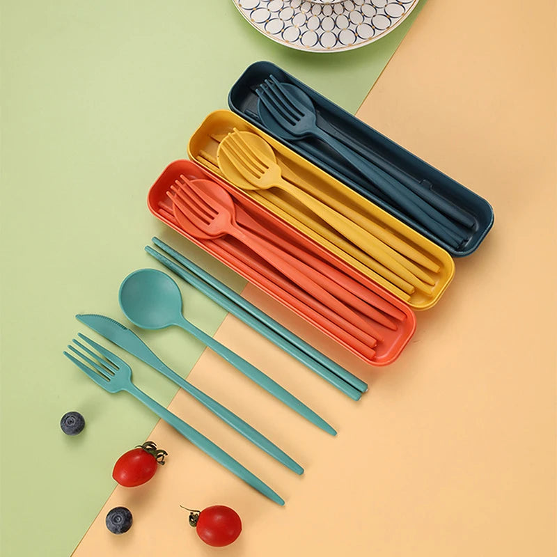 Colorful kawaii cutlery set with case on a green and beige background