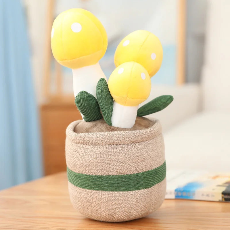 Decorative kawaii plush toy with yellow bulb-shaped flowers in a woven pot on a wooden surface.