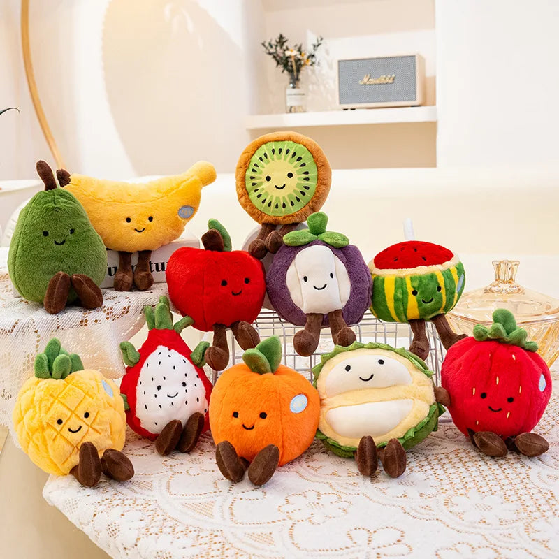 Set of kawaii plush fruit and vegetable toys on a decorative surface