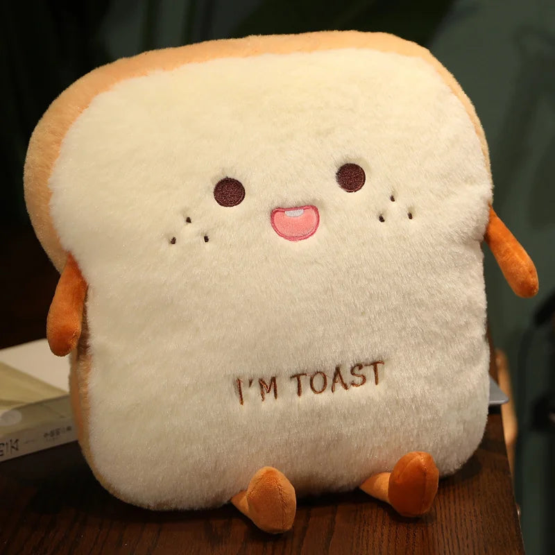 Plush kawaii toy shaped like a slice of bread with 'I'm Toast' text on a wooden surface.