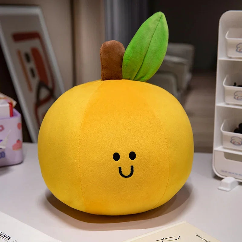 Plush kawaii toy shaped like a lemon with a face on a table