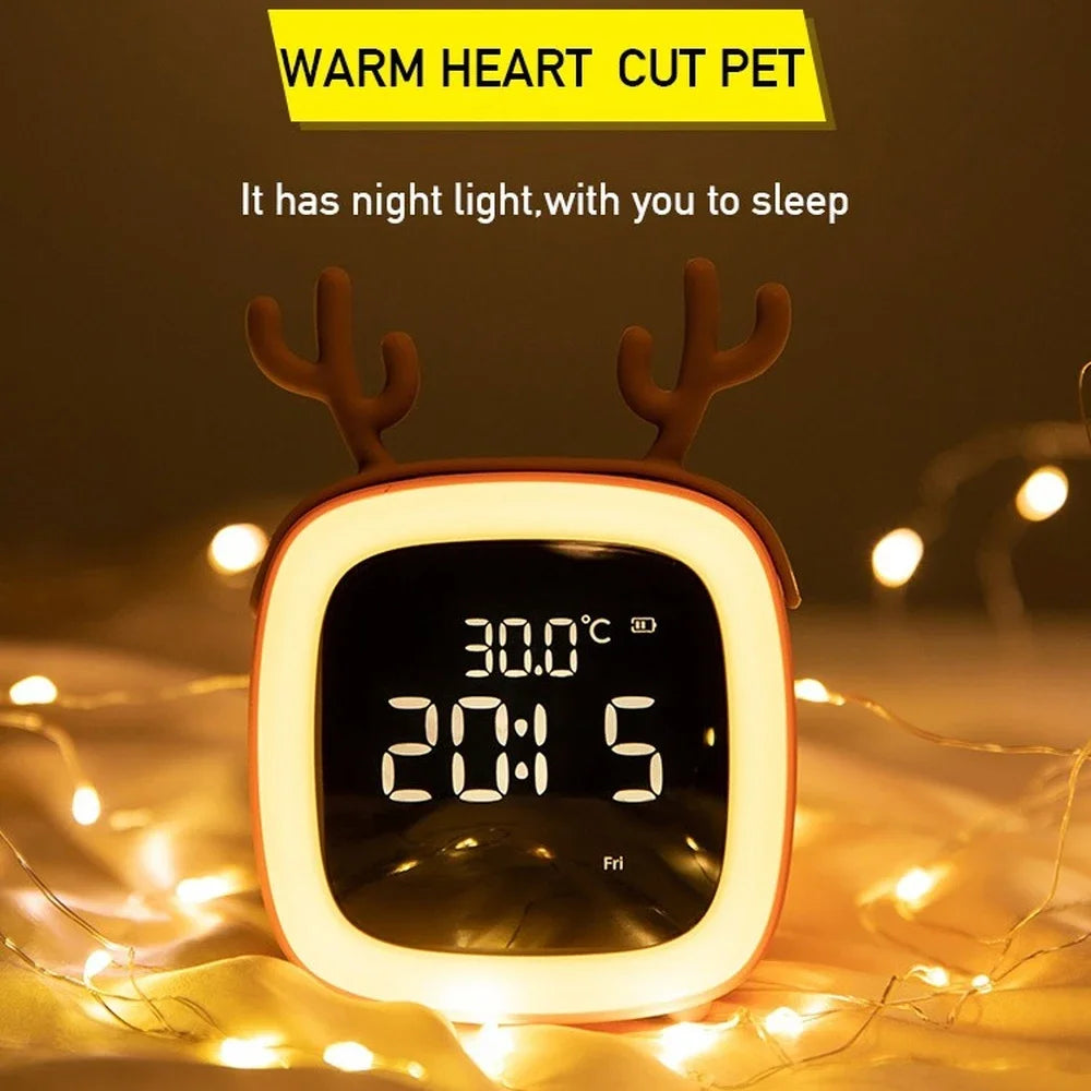 Kawaii digital clock with reindeer antlers displaying time and temperature, surrounded by string lights.