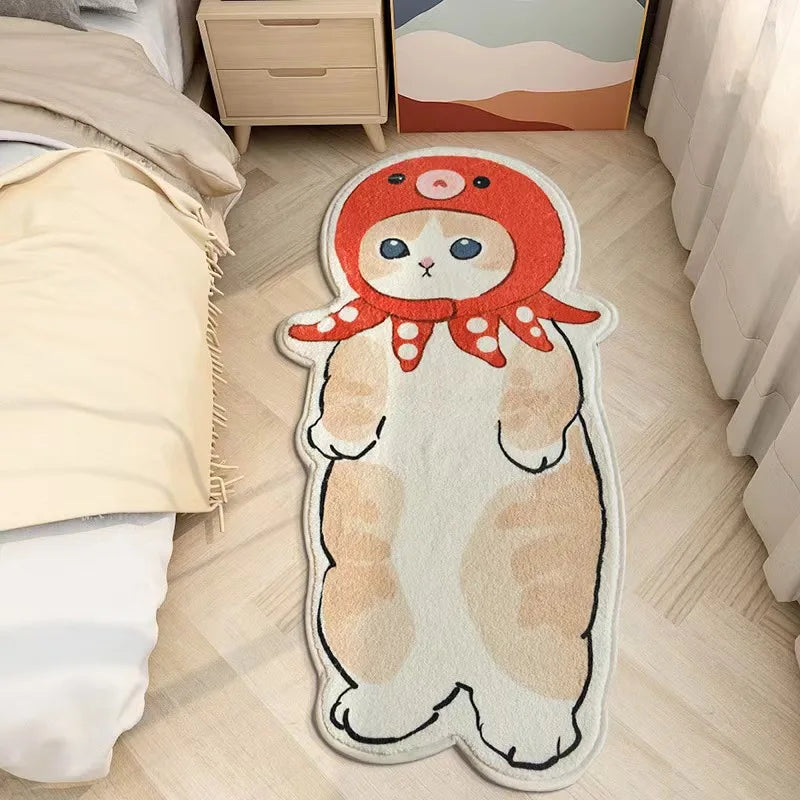 Cute kawaii cartoon-style rug with a cat design on a wooden floor.