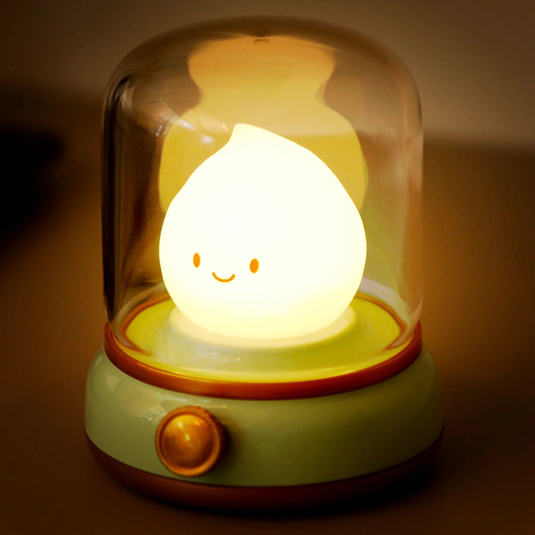 Cute kawaii lamp with a smiling face under a glass dome on a brown background