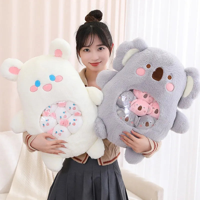 Woman holding two kawaii plush toys, one white and one gray, in a room with light-colored curtains.