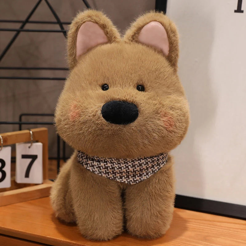 Plush kawaii toy dog with a checkered scarf on a wooden surface