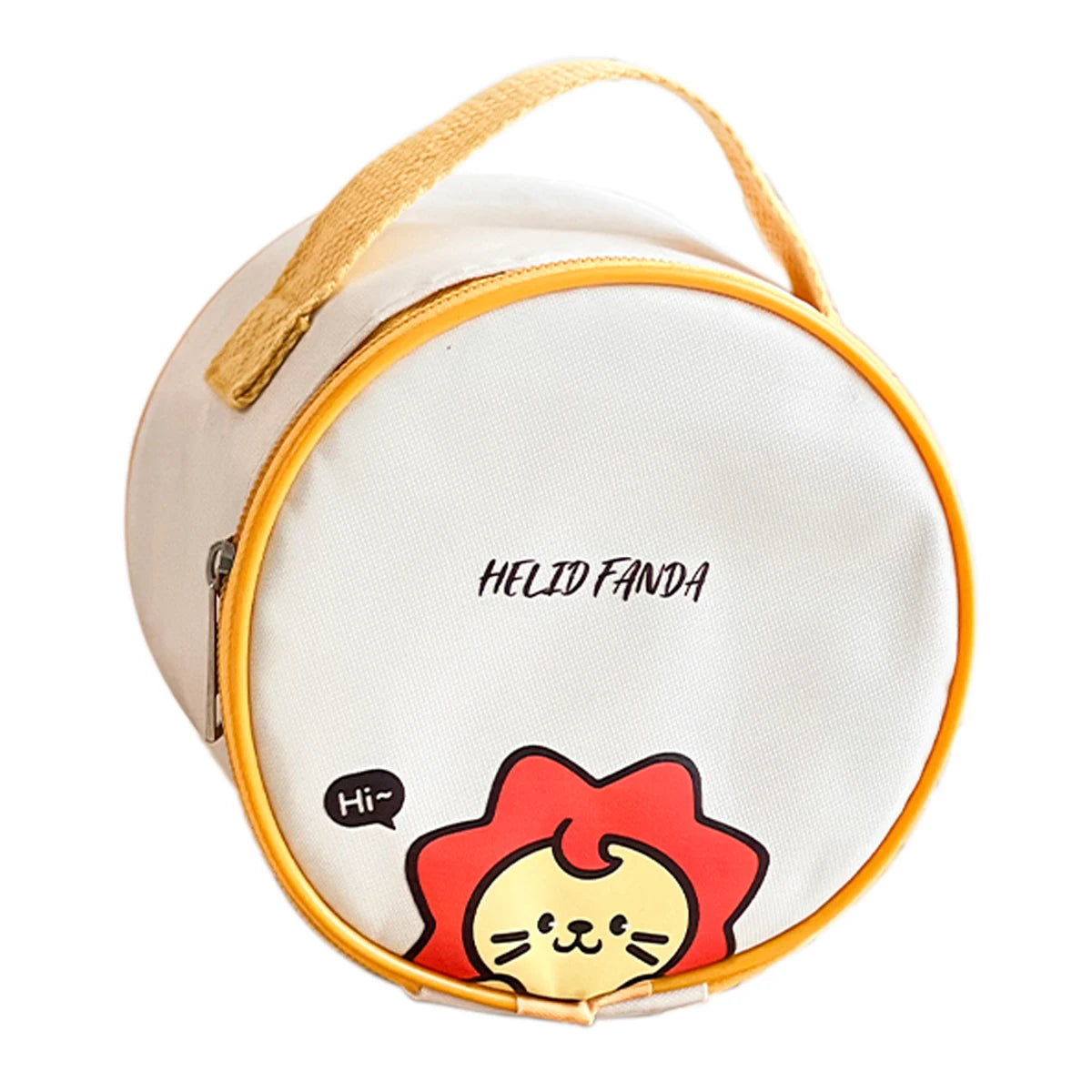 Round white pouch with a kawaii cartoon lion design and 'HELID FANDA' branding on a white background