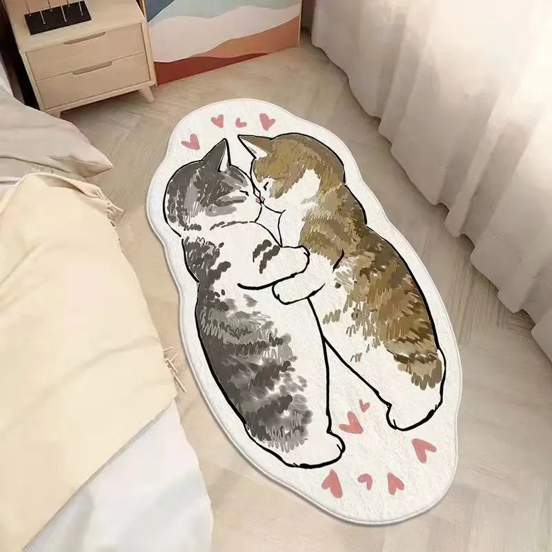 Decorative rug with two kawaii cats hugging and hearts on a bedroom floor.