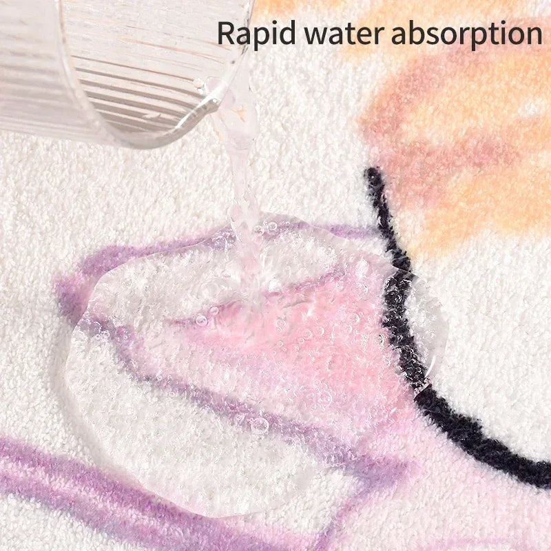 Close-up of a Kawaii rug with bubbles and text indicating rapid water absorption.