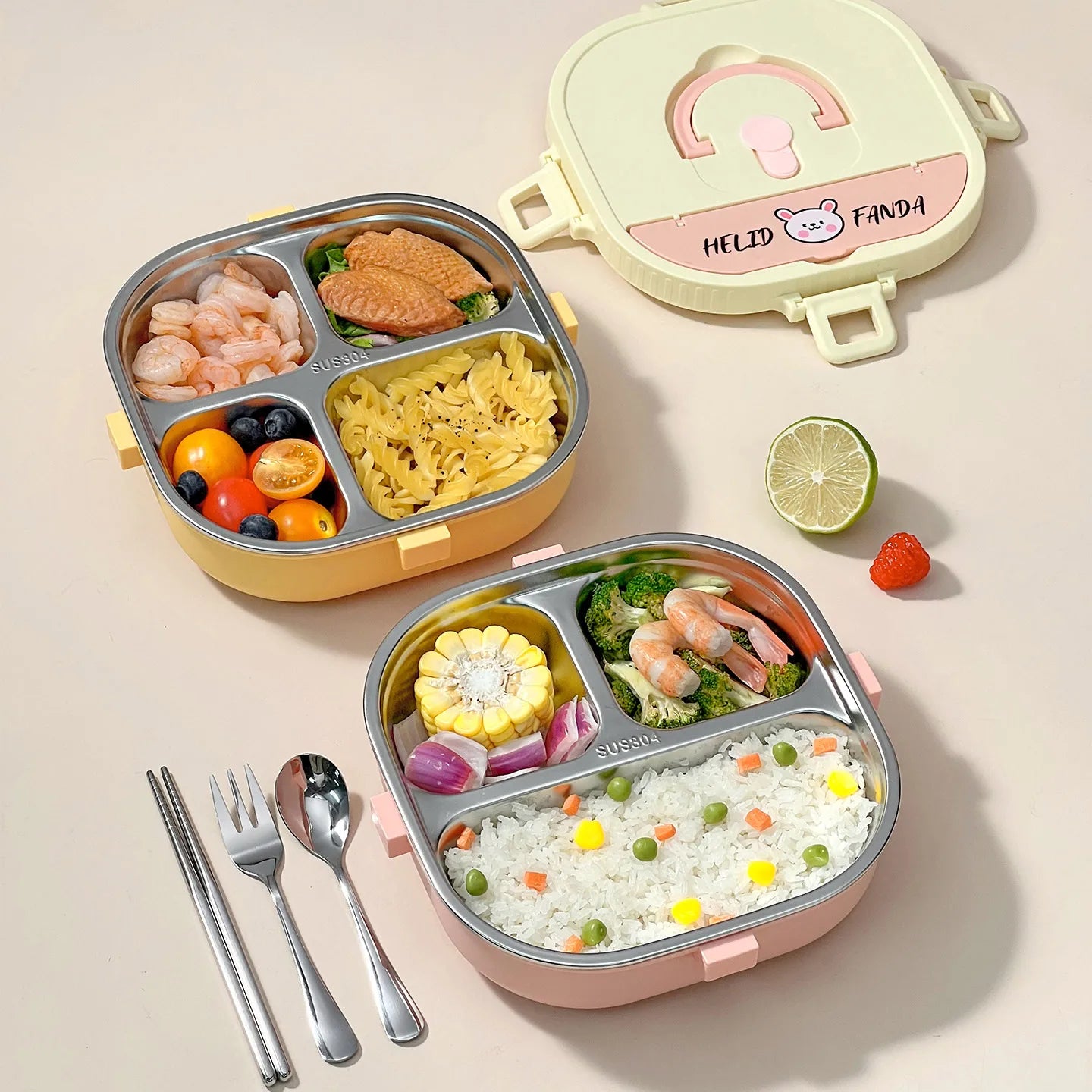 Kawaii bento box with compartments filled with food on a beige background