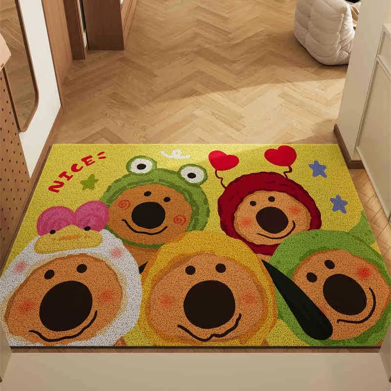 Colorful doormat with Kawaii cartoon characters on a wooden floor.