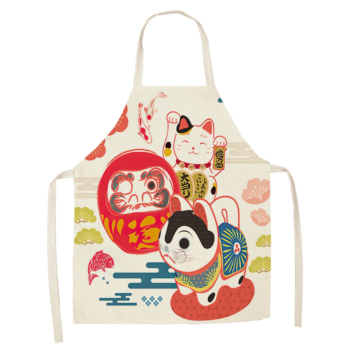 Apron with lucky cat and daruma Kawaii design on a white background