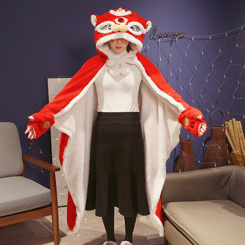 Person wearing a red and white kawaii dragon costume in a room with furniture and decor.