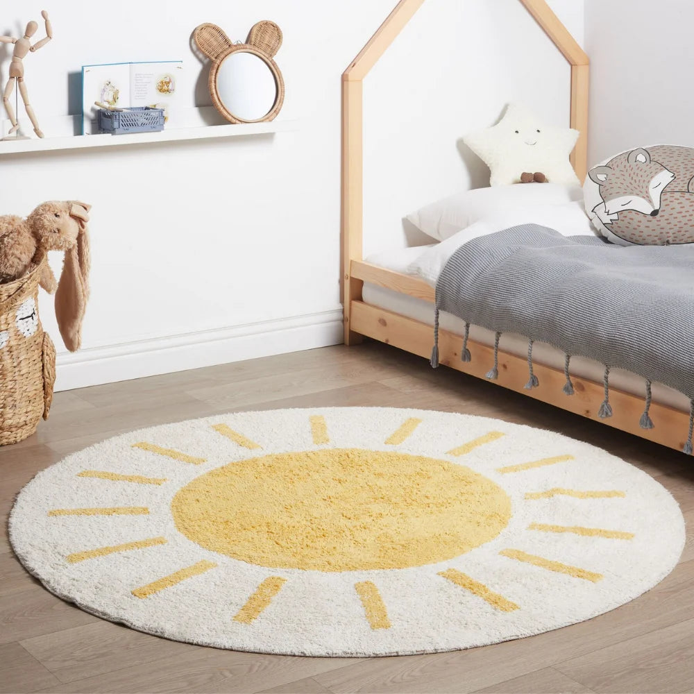 Round kawaii rug with sun design in a child's bedroom