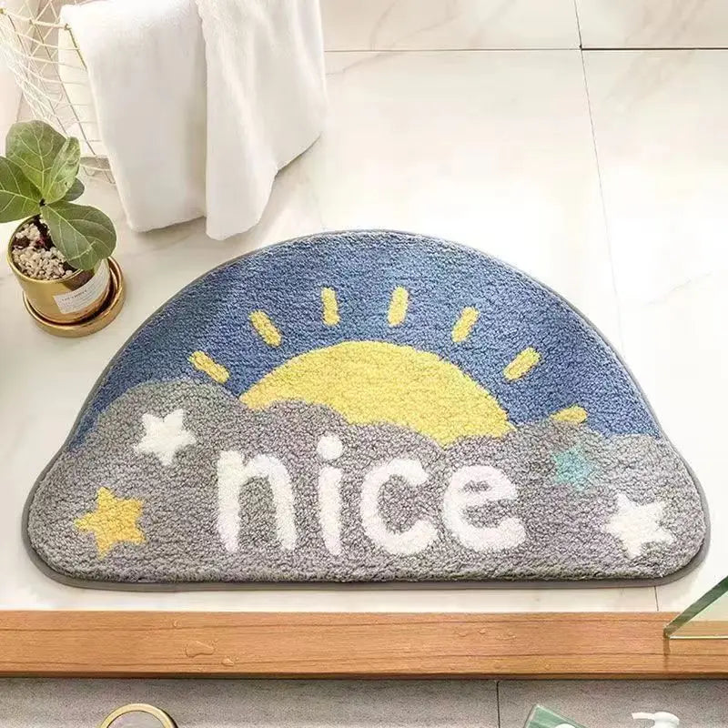 Decorative Kawaii doormat with sun and stars design on a white floor.