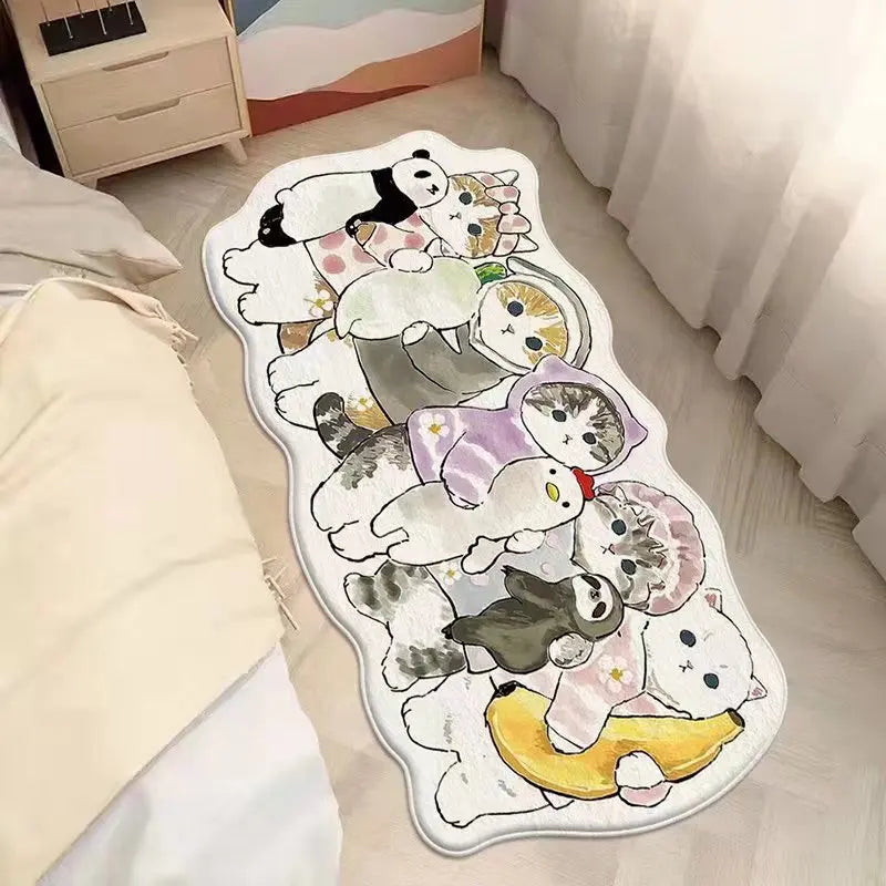 Decorative rug with kawaii cartoon animal designs on a bed