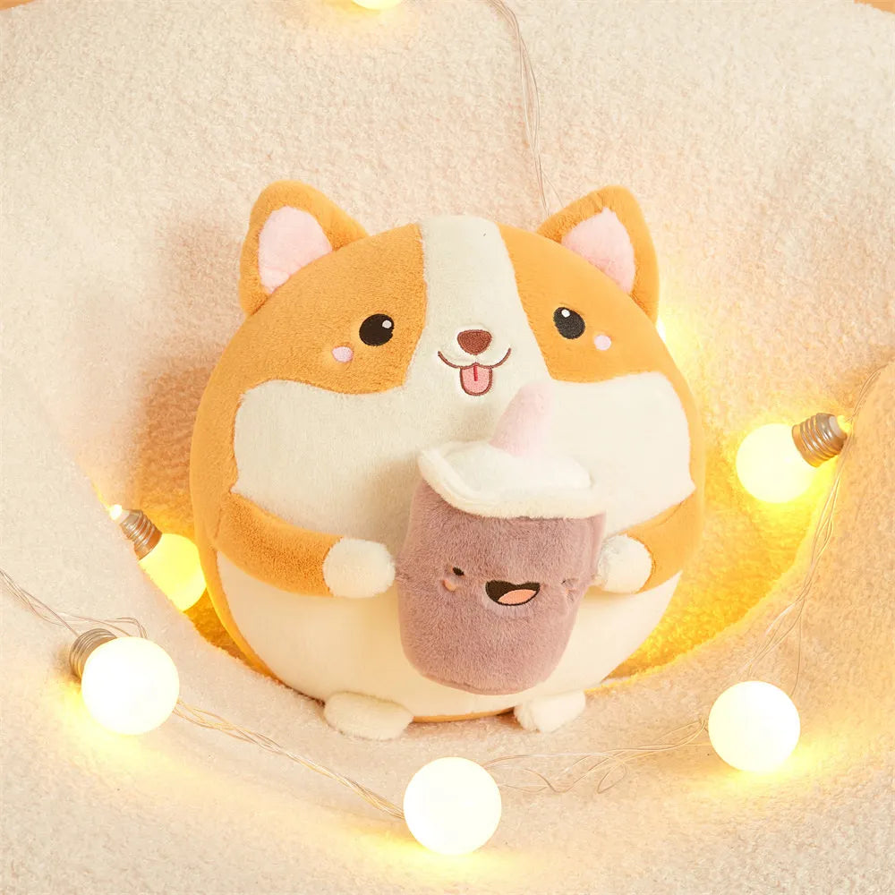 Corgi-shaped plush kawaii toy with a small bear plush inside, surrounded by string lights on a soft surface.