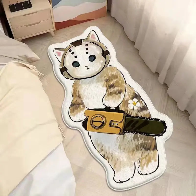 Decorative rug with a kawaii cartoon cat holding a chainsaw on a bed.