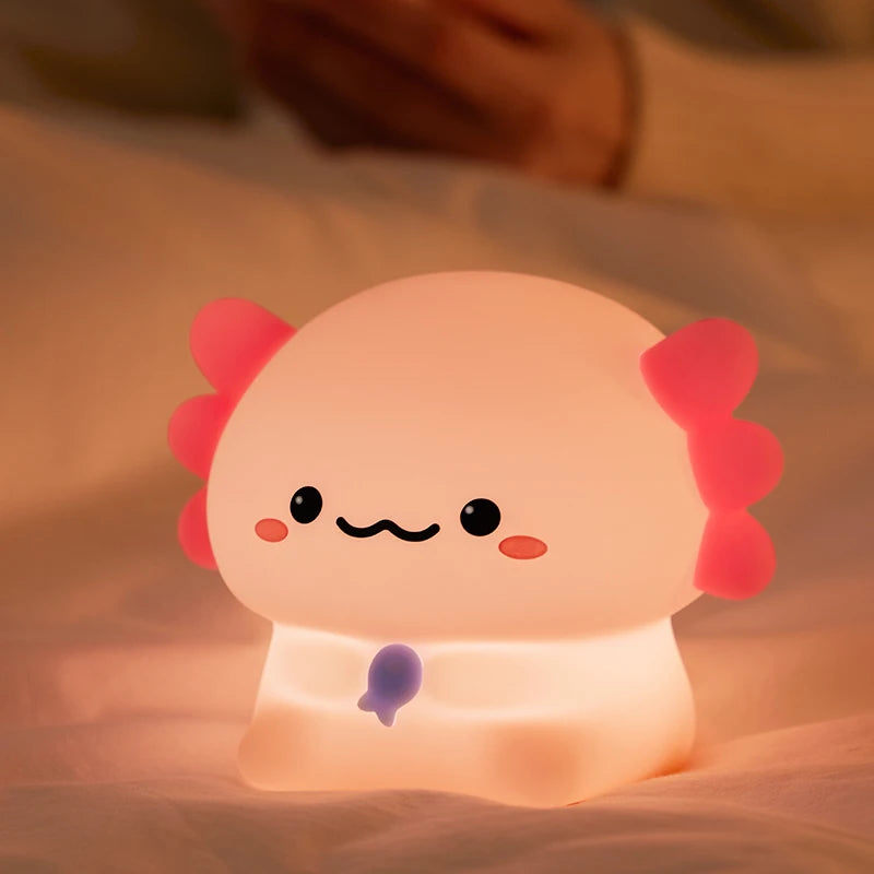 Cute kawaii cartoon-like night light with a soft glow on a blurred background