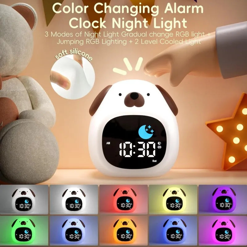 Dog-shaped color-changing Kawaii alarm clock night light with various light modes displayed.