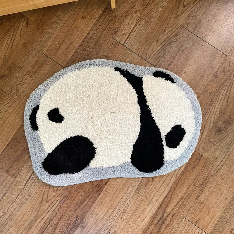 Panda-shaped kawaii rug on a wooden floor