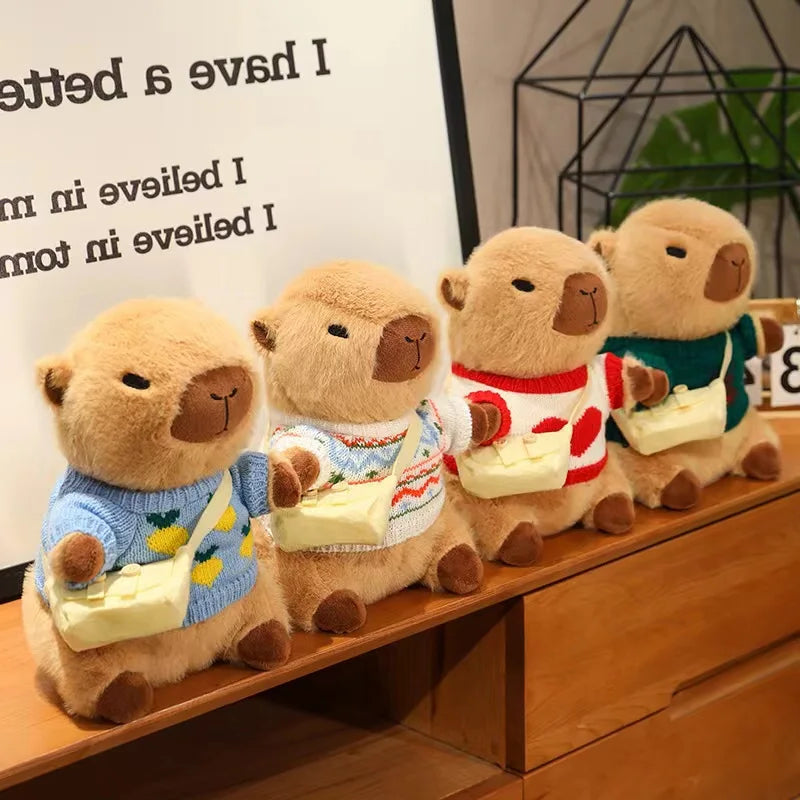Four kawaii teddy bears in colorful sweaters on a wooden surface with a whiteboard in the background.